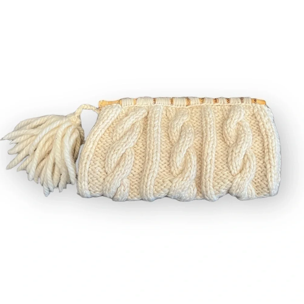 Handmade Wool Cableknit Sweater Bamboo Handle Tassle Clutch Bag Ivory